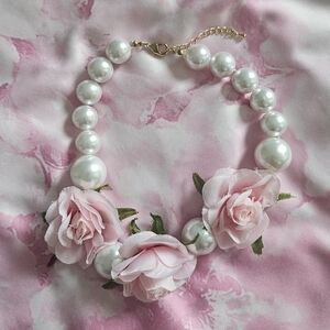 Princess Melody Gyaru Pink Rose And Oversized Pearl Choker Necklace
